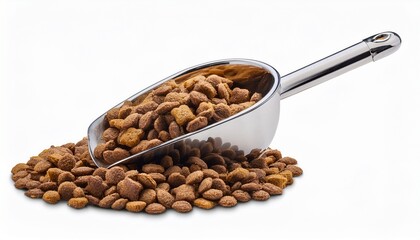 Fototapeta premium scoop of dry pet food kibble isolated on transparent or white background isolated on white background