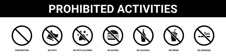 Prohibited Activities web banner icon set collection solid style.