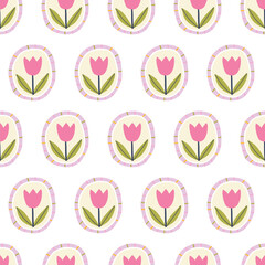 Obraz premium Spring tulip seamless pattern on white background with pink floral garden mood. Modern naive doodle icons with pink blooming flowers for minimalist kids textiles, fabric or nursery wallpaper.