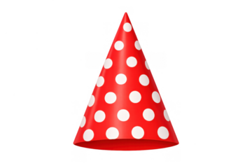 Red party hat with white polka dots, celebrating birthdays, holidays, and festive events on a transparent background