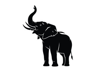 Obraz premium Majestic silhouette of an elephant with its trunk raised high against a white backdrop.