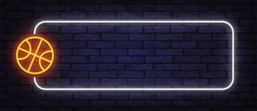 Bright basketball neon icon combined with luminous border forms a dynamic sports background. Modern glow style suits tournaments, clubs, and media visuals.