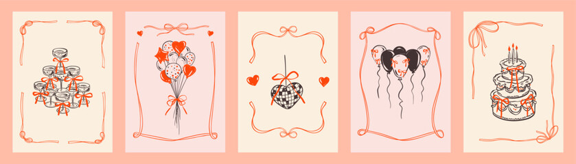 Set of whimsical coquettish greeting cards with cute red bows. Ribbon wavy filigree victorian antique rectangle vertical frames. Birthday celebration cake with candle. Flirtatious girly doodle drawing
