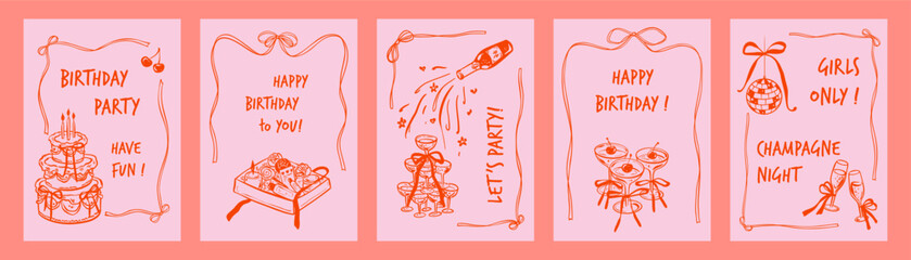 Set of hand drawn doodle whimsical coquette happy birthday greeting cards, posters, invitations. Wedding, bachelorette, Valentines Day background design. Birthday cake candle. Champagne popping bottle