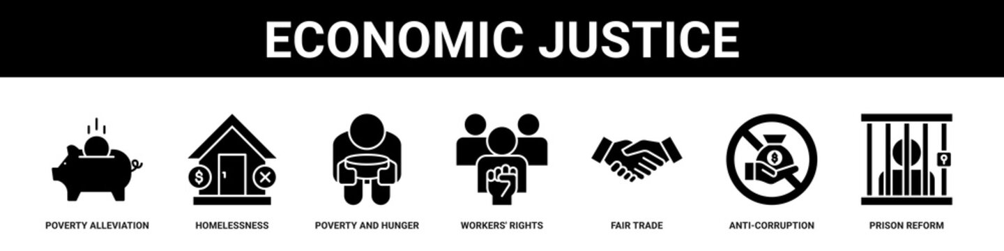 Economic Justice web banner icon set collection solid style.