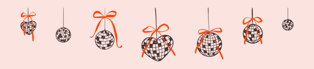 Set of doodle disco ball with coquette whimsical bows drawing. Night club dancing concept. Bachelorette party, girly birthday, casino decoration. Heart shape glitter mirror ball hand drawn line art