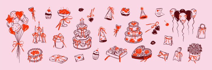 Hand drawn doodle happy birthday elements set including flower bouquet, party hat, balloons bunch, celebration cake with candles, cocktail and champagne glasses decorated with coquette whimsical bows