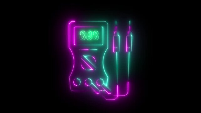 neon thin line animation of digital multimeter, HD video with transparent background, seamless loop 4k video