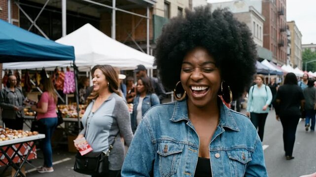 Cheerful Black woman with afro hair and hoop earrings laughing genuinely in candid urban street portrait, happiness concept 4k video.