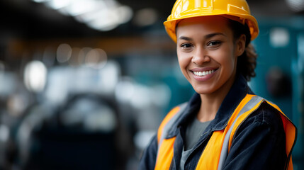 Faceless confident Black female industrial worker smiling in factory, professional African American engineer in hard hat and safety vest, diversity concept, with copy space