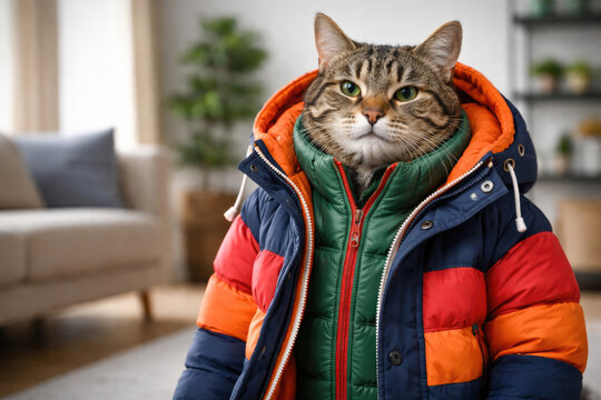A cat in a warm winter jacket at home. Space for text.