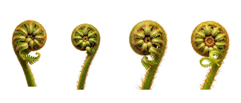 Set of four green unfurling fern fiddleheads isolated on a white background.