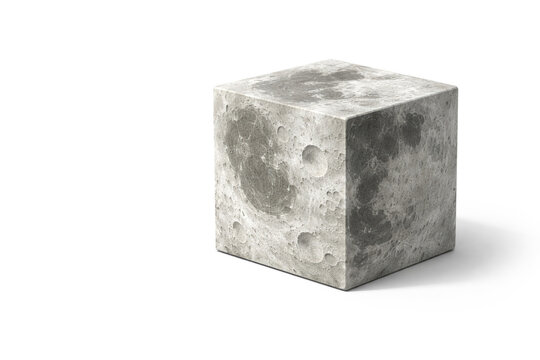 A stone cube with a moon texture on a white background. Space for text.