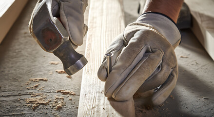 Carpenter Driving a Nail into Wood with Precision