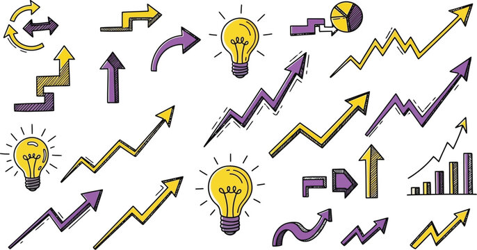 A collection of hand-drawn icons representing growth, ideas, and progress.