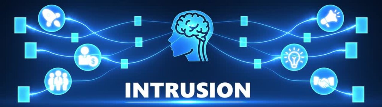 Digital Intrusion Concept with Human Brain and Network of Icons on Blue Background cyber security hacking