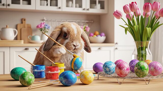 Adorable rabbit decorating colorful Easter eggs in a kitchen with pink tulips displaying a spring holiday scene