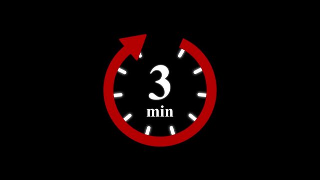 Red clock with 03 minute and circular arrows timer animation on transparent background. Motion graphics of time count symbol