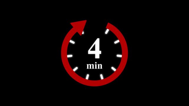 Red clock with 04 minute and circular arrows timer animation on transparent background. Motion graphics of time count symbol