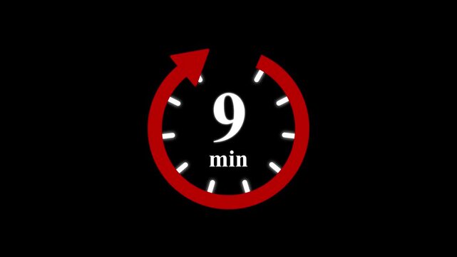 Red clock with 09 minute and circular arrows timer animation on transparent background. Motion graphics of time count symbol