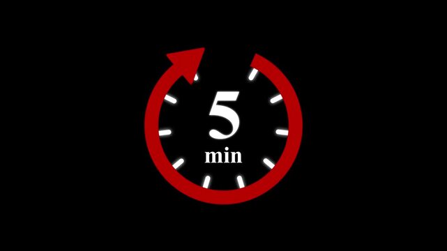 Red clock with 05 minute and circular arrows timer animation on transparent background. Motion graphics of time count symbol