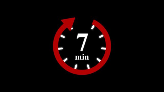 Red clock with 07 minute and circular arrows timer animation on transparent background. Motion graphics of time count symbol