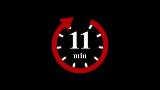 Red clock with 11 minute and circular arrows timer animation on transparent background. Motion graphics of time count symbol