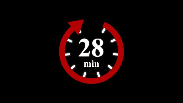 Red clock with 28 minute and circular arrows timer animation on transparent background. Motion graphics of time count symbol