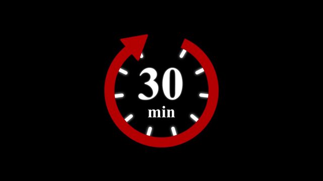 Red clock with 30 minute and circular arrows timer animation on transparent background. Motion graphics of time count symbol