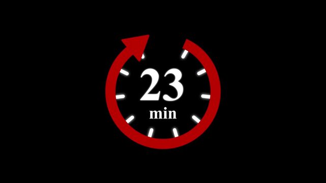Red clock with 23 minute and circular arrows timer animation on transparent background. Motion graphics of time count symbol