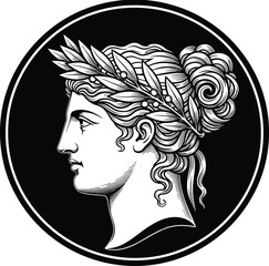 Classical Greek goddess profile portrait with laurel wreath inspired by ancient mythology art and antique coin design in black and white vector illustration © Hello World