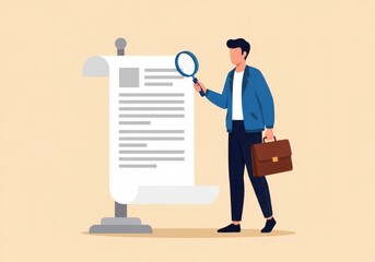 A man in a blue jacket holding a magnifying glass and briefcase looking at a large document on a beige background