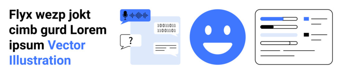 Fototapeta premium Communication, digital messaging, UI design, content management, social interaction, customer support. Chat messages, happy face and text layout. Communication and digital messaging concepts