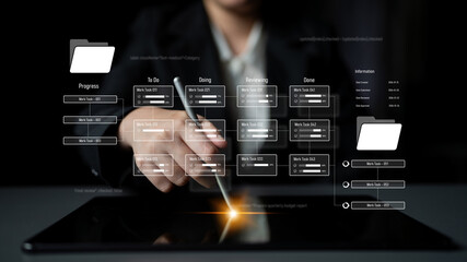 Project management system showing workflow stages, task progress, and review status. Task progress tracks completion, task progress improves workflow, and task progress ensures visibility. Latch
