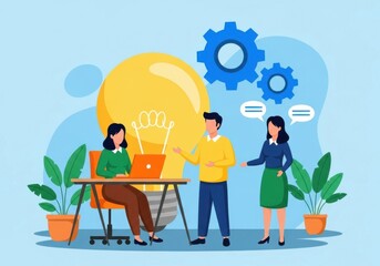 A group of people working together with a lightbulb and gears on a blue background