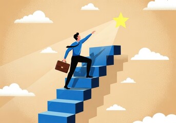 A man climbing up stairs towards a star on a cloudy orange background