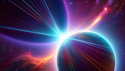 cosmic light beam pierces nebula over planet