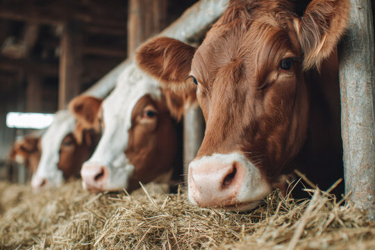 A row of brown and white dairy cows resting their heads on hay feeding racks inside a rustic barn with natural lighting and wooden beams in the background