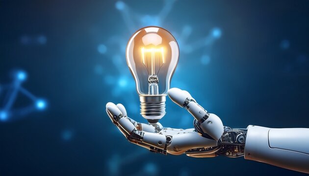 robotic hand holding a glowing light bulb symbolizing innovation and technology - Powered by Adobe