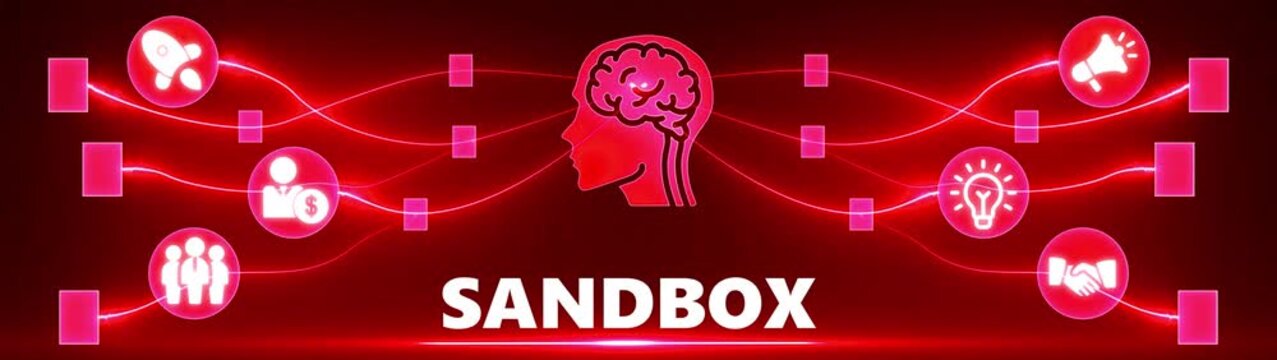 Red Digital Network Connecting Brain Icon with Business and Idea Icons on Dark Red Background abstract