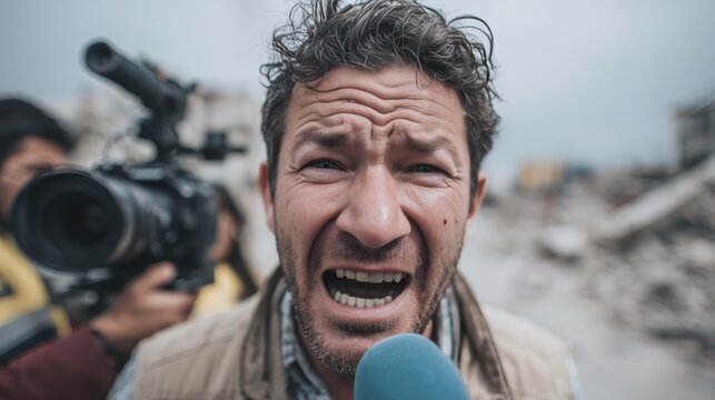 Reporter speaking on camera in disaster zone. Close-up of adult man with microphone, TV cameraman behind, ruined buildings in background, breaking news and crisis journalism.
