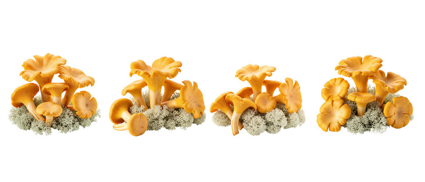 Set of four piles of fresh wild chanterelle mushrooms isolated on a white background.