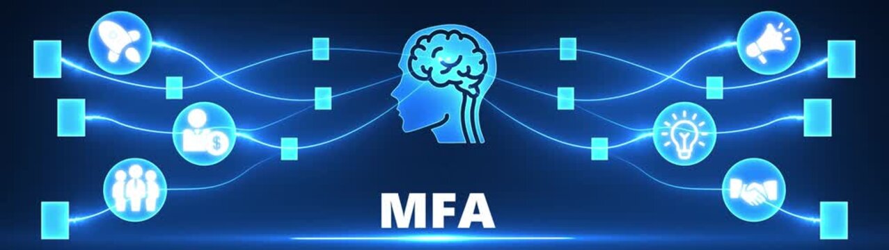 Digital Network Connecting Brain Icon with Business and Idea Icons on Blue Background for MFA abstract
