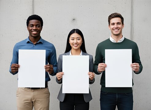 Diverse business team holding blank white posters for mockup. Professional colleagues with empty paper signs. Multiethnic group showing copy space banners.
