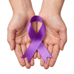 PNG image of&nbsp;Gentle cupped hands carefully presenting a vibrant satin awareness ribbon symbolizing support for a cause on transparent background