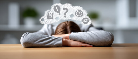 Tired person resting head on table overwhelmed with work and time management stress illustrated by icons above