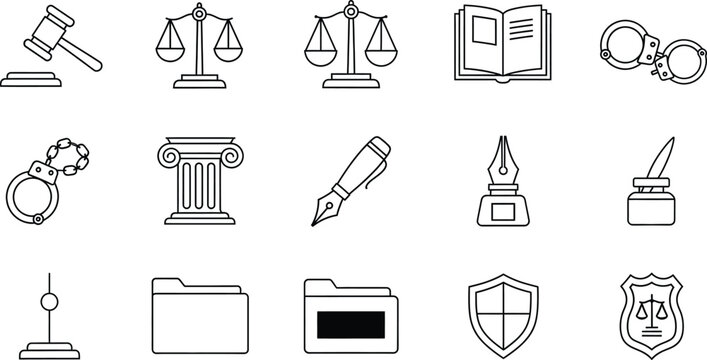 A detailed set of outline icons representing different aspects of law and justice