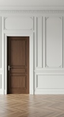 Obraz premium Minimalist architecture featuring a timeless white classic interior wall with elegant detailed molding surrounding a closed wooden door, design, architecture, classic