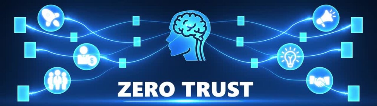 Blue glowing network connecting icons to a human head silhouette with the word ZEROTRUST zero trust