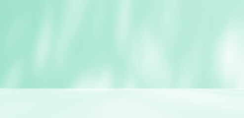 Fototapeta premium Empty turquoise blue green room studio with shadow of leaves for product presentation. Sunlight effect shadow. Minimal winter backdrop. Cosmetic, beauty and fashion showroom.